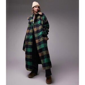 Topshop Wool Blend Longline Oversized Trench Coat in Navy/Green/Tan Check Size 6